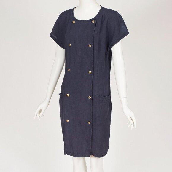 Genny 1980s Vintage Italian Navy Linen Double-Breasted Shift Dress Sz M L - Picture 3 of 7